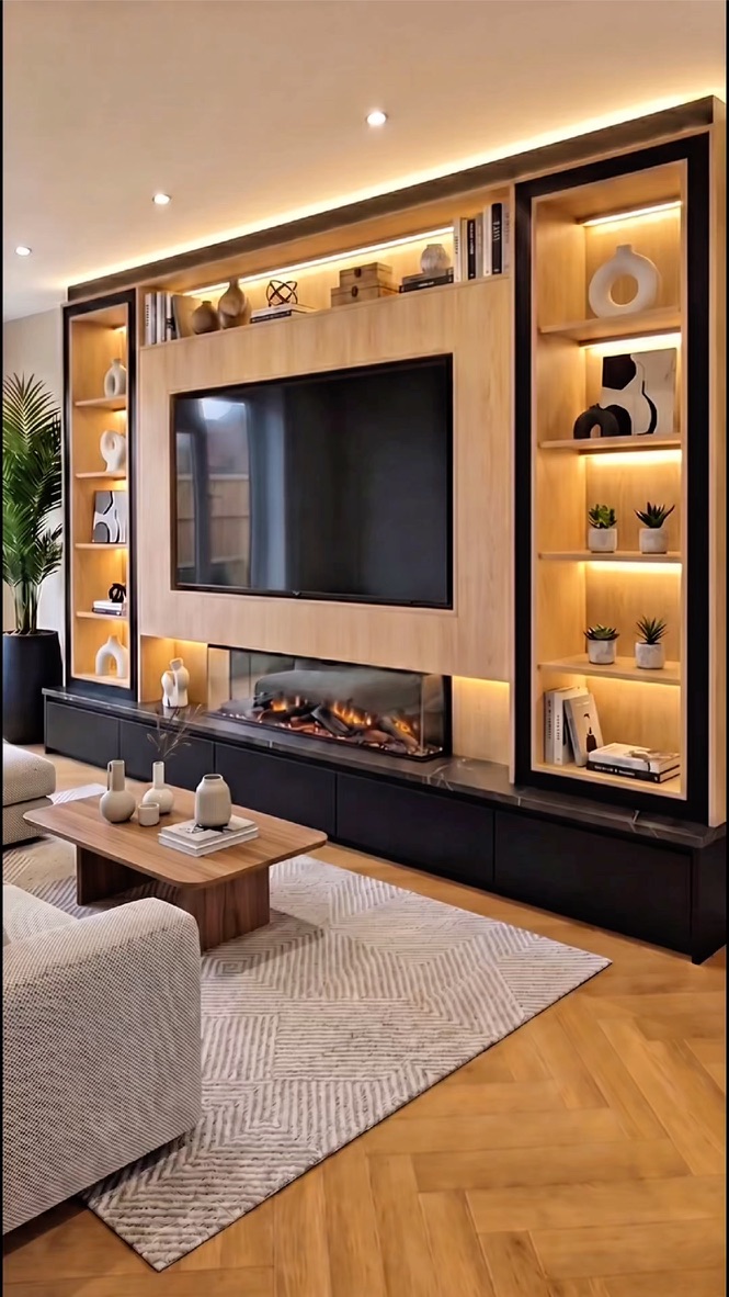 Interior moderno con iluminación cálida, revestimientos de madera y mobiliario integrado
