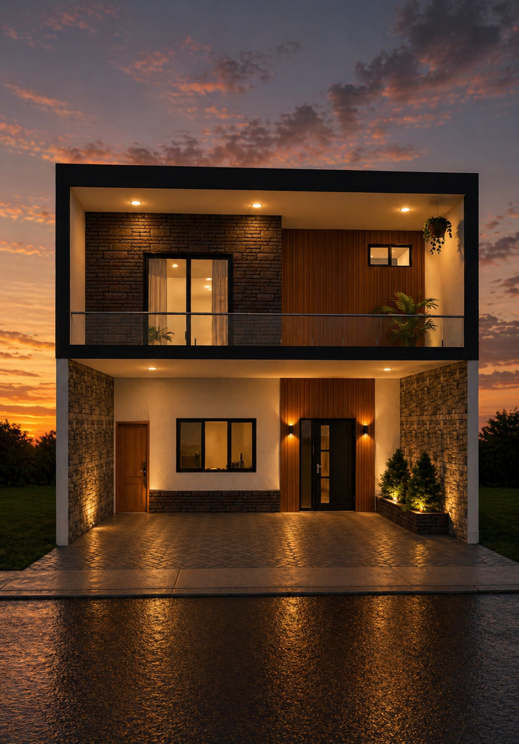 Fachada con piedra y madera